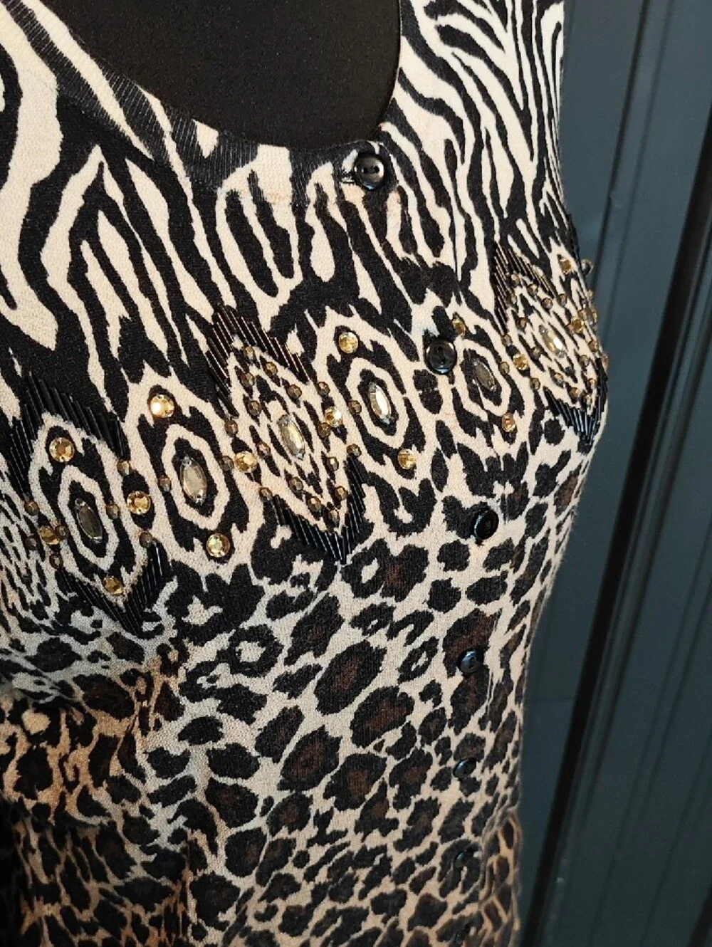 Charter Club Black and Brown Animal-Print Button Up Cardigan Sweater